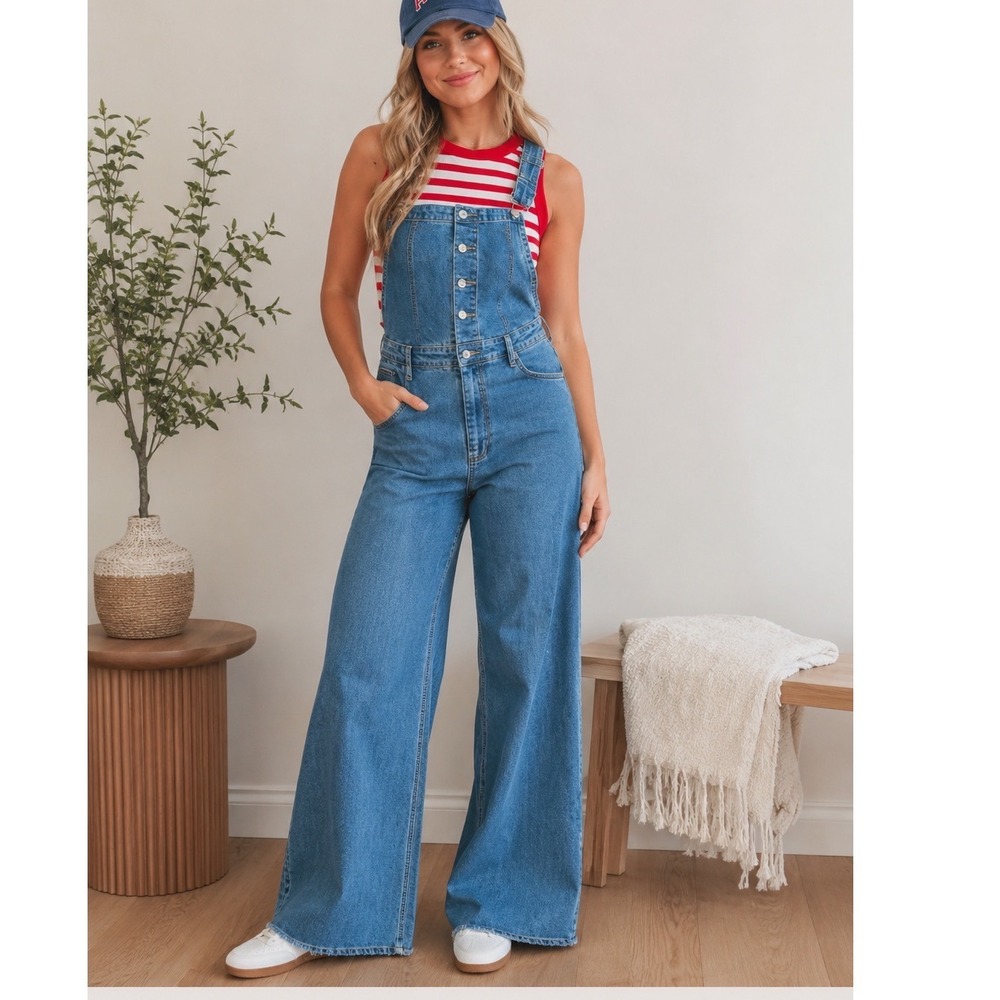 Universal Thread Womens Wide Leg Denim Overalls Medium Wash Blue Size 0 NWT